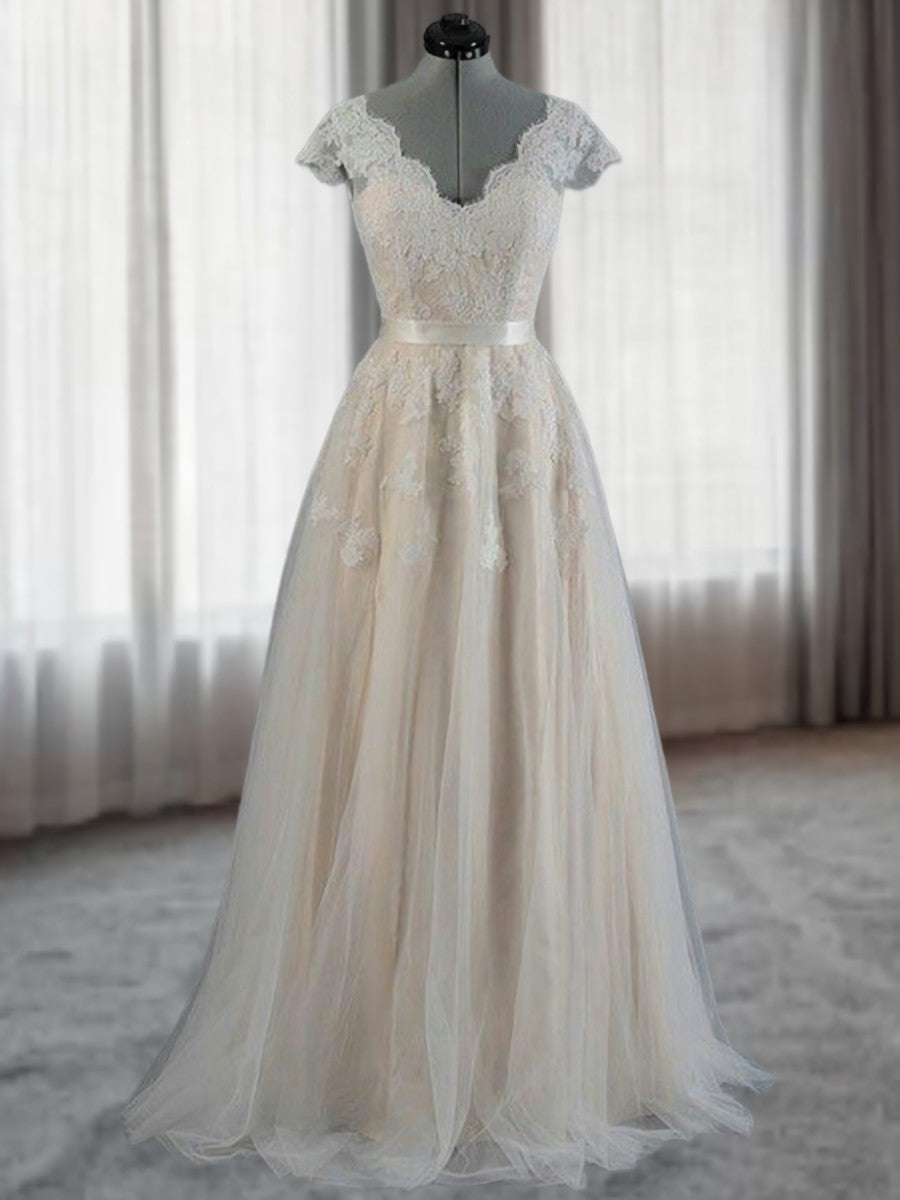 Wedding Dress On A Budget, A-line V-neck Appliques Lace Floor-Length Lace Wedding Dress