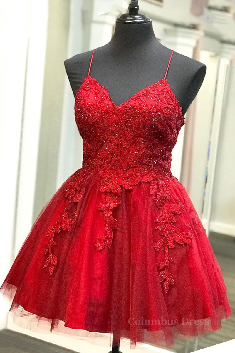 Evening Dress Mermaid, A Line V Neck Backless Lace Red Short Prom Dress Homecoming Dress, Backless Red Lace Formal Graduation Evening Dress