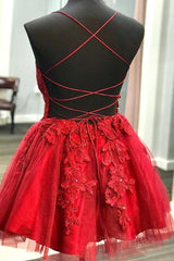 Evening Dress Vintage, A Line V Neck Backless Lace Red Short Prom Dress Homecoming Dress, Backless Red Lace Formal Graduation Evening Dress