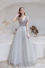 Evening Dresses Gown, A Line V-Neck Beaded Floor Length Prom Dresses With Short Sleeves