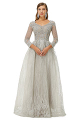 Formal Dress Shops, A-line V-neck Beading Floor-length Long Sleeve Open Back Lace Prom Dresses