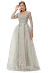 Formal Dresses Shop, A-line V-neck Beading Floor-length Long Sleeve Open Back Lace Prom Dresses