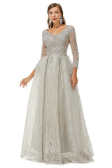 Formal Dress Shopping, A-line V-neck Beading Floor-length Long Sleeve Open Back Lace Prom Dresses