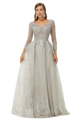 Formal Dress For Sale, A-line V-neck Beading Floor-length Long Sleeve Open Back Lace Prom Dresses