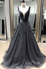 Formal Dress Ideas, A Line V Neck Black Long Prom Dresses with Lace Appliques, V Neck Black Lace Formal Evening Dresses
