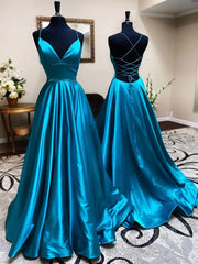 Champagne Bridesmaid Dress, A Line V Neck Blue Backless Long Prom Dresses, Open Back Blue Long Formal Evening Dresses