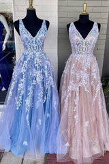Formal Dress Prom, A Line V Neck Blue/Champagne Lace Floral Long Prom Dresses, Blue/Champagne Lace Formal Evening Dresses