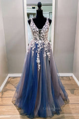 Evening Dresses Fitted, A Line V Neck Blue Lace Long Prom Dress, Long Blue Formal Evening Dress