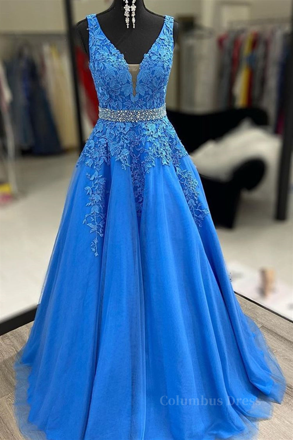 Formal Dresses For Teens, A Line V Neck Blue Lace Long Prom Dresses with Belt, Blue Lace Formal Evening Dresses