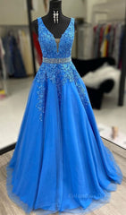 Formal Dresses For Weddings, A Line V Neck Blue Lace Long Prom Dresses with Belt, Blue Lace Formal Evening Dresses
