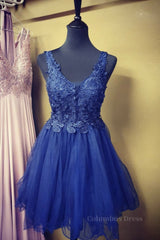 Evening Dresses Online Shop, A Line V Neck Blue Lace Short Prom Dress, Blue Lace Homecoming Dress, Short Blue Formal Evening Dress