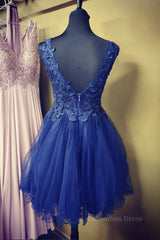 Evening Dresses With Sleeves, A Line V Neck Blue Lace Short Prom Dress, Blue Lace Homecoming Dress, Short Blue Formal Evening Dress