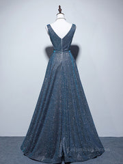 Formal Dress, A-line V Neck Blue Long Prom Dress, Blue Formal Dresses