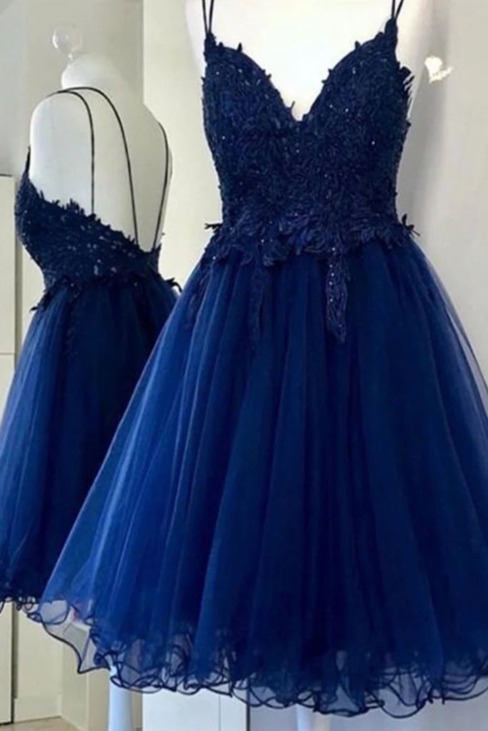 Prom Dresses Curvy, A Line V Neck Blue Short Prom Dresses Backless Homecoming Dresses