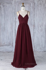 Evening Dresses For Over 45S, A Line V Neck Burgundy Chiffon Long Prom Dress with Lace Back, V Neck Lace Back Burgundy Formal Graduation Evening Dress