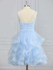 Prom Dress 2039, A-line V-neck Cascading Ruffles Knee-Length Dress