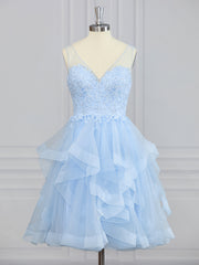 Prom Dresses On Sale, A-line V-neck Cascading Ruffles Knee-Length Dress