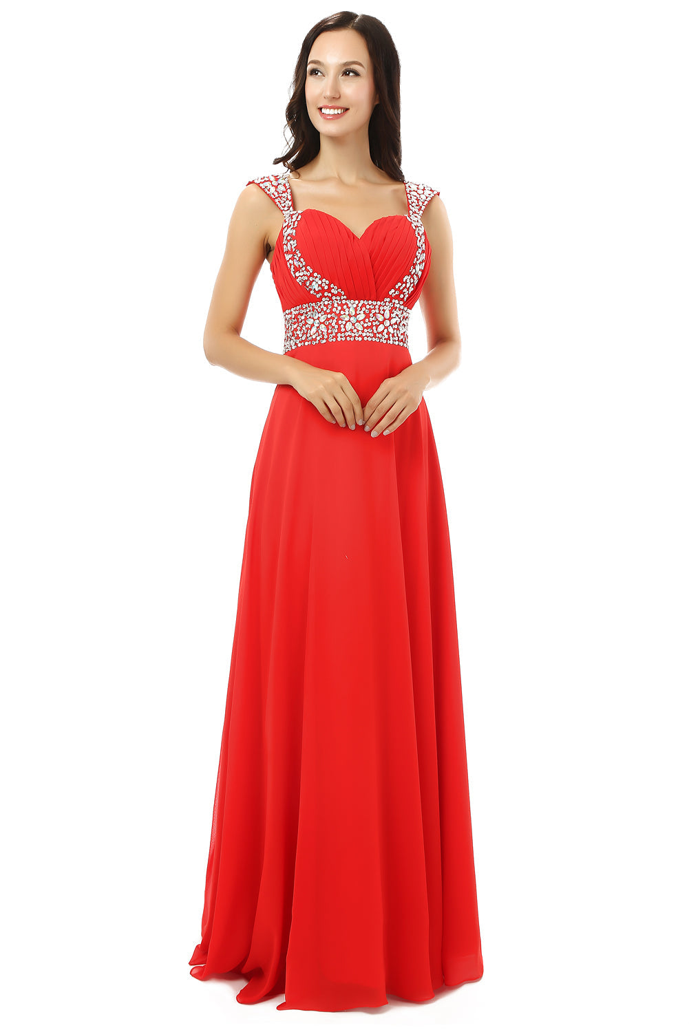 Party Dress Classy, A-line V Neck Chiffon Long Red Prom Dresses