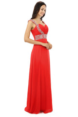Party Dresses Outfits, A-line V Neck Chiffon Long Red Prom Dresses