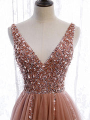 Night Dress, A Line V Neck Dark Pink Beaded Long Prom Dresses, V Neck Pink Long Formal Graduation Dresses