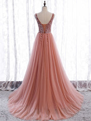 Black Formal Dress, A Line V Neck Dark Pink Beaded Long Prom Dresses, V Neck Pink Long Formal Graduation Dresses