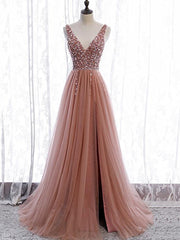 Prom Dress Blue, A Line V Neck Dark Pink Beaded Long Prom Dresses, V Neck Pink Long Formal Graduation Dresses