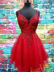 Party Dress Roman, A Line V Neck Dark Red Lace Prom Dresses, Dark Red Lace Formal Homecoming Dresses