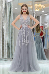 Cute Summer Dress, A-Line V-neck Floor-Length Tulle Appliqued Long Prom Dresses