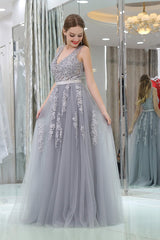 Homecoming, A-Line V-neck Floor-Length Tulle Appliqued Long Prom Dresses