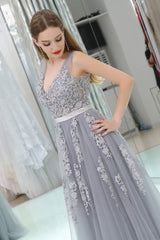 Formal Dress Short, A-Line V-neck Floor-Length Tulle Appliqued Long Prom Dresses