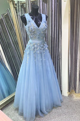 Homecoming Dresses 2026, A Line V Neck Floral Light Blue Lace Long Prom Dress, Light Blue Lace Formal Graduation Evening Dress