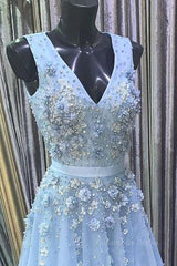 Homecoming Dress Elegant, A Line V Neck Floral Light Blue Lace Long Prom Dress, Light Blue Lace Formal Graduation Evening Dress