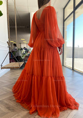 Party Dresses Classy Elegant, A-line V Neck Full/Long Sleeve Long/Floor-Length Chiffon Prom Dress With Pleated