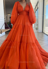 Party Dress Classy Elegant, A-line V Neck Full/Long Sleeve Long/Floor-Length Chiffon Prom Dress With Pleated