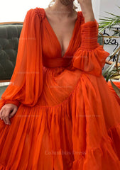 Party Dresses Night, A-line V Neck Full/Long Sleeve Long/Floor-Length Chiffon Prom Dress With Pleated
