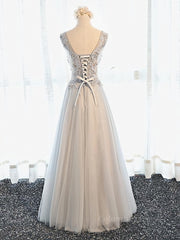 Party Dress Express, A Line V Neck Gray Floral Long Prom Dresses, V Neck Gray Long Floral Formal Bridesmaid Dresses