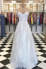 Wedding Dress Gown, A Line V Neck Lace Appliques White Prom Dress Wedding Dress, White Lace Formal Dress, White Evening Dress
