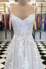 Wedding Dresses Under 300, A Line V Neck Lace Appliques White Prom Dress Wedding Dress, White Lace Formal Dress, White Evening Dress