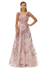 Classy Outfit Women, A-line V-neck Lace Beaded Applique Floor-length Sleeveless Prom Dresses