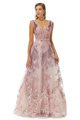 Sparklie Dress, A-line V-neck Lace Beaded Applique Floor-length Sleeveless Prom Dresses