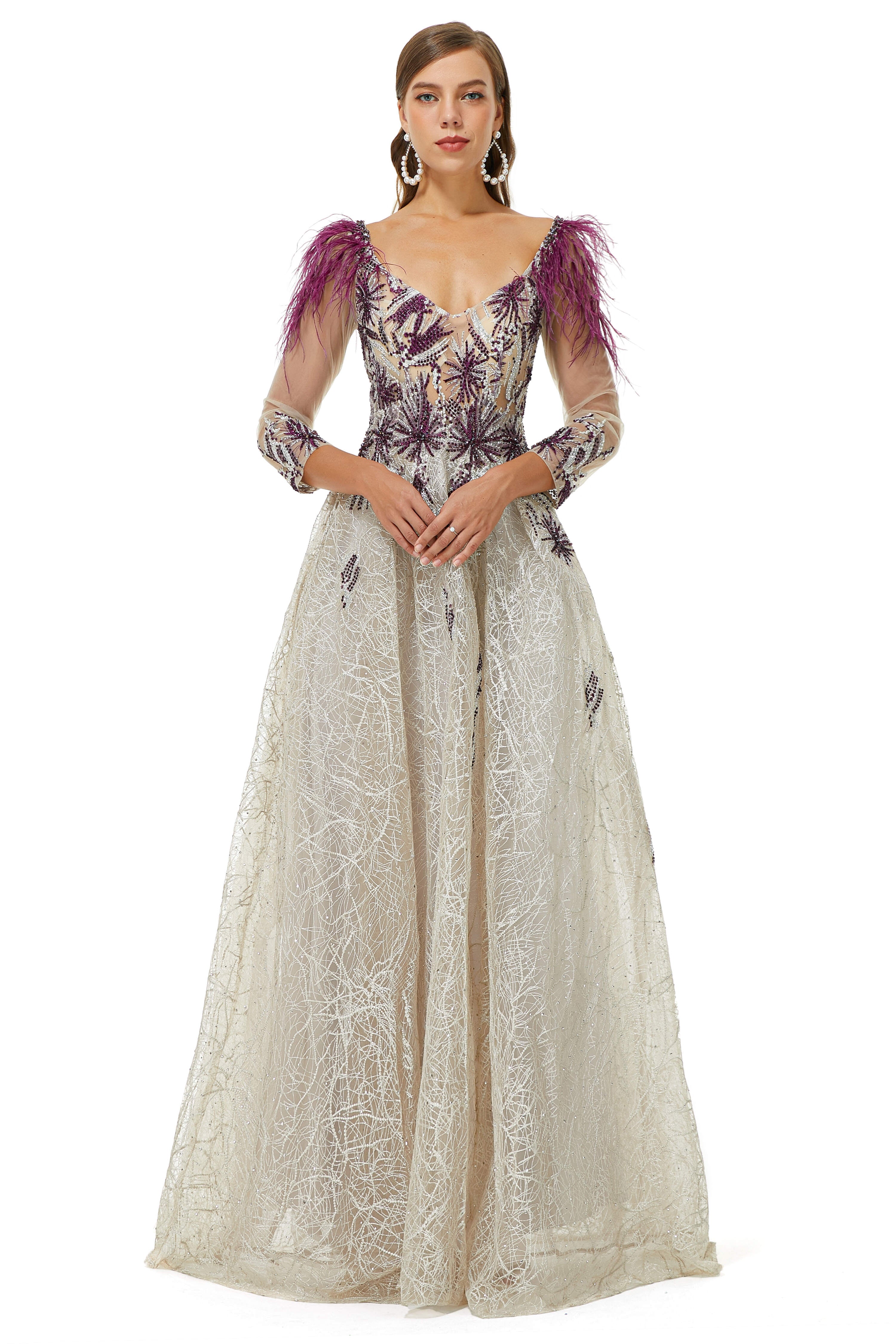 Formal Dresses Lace, A-Line V-Neck Lace Floor-Length Long Sleeve Open Back Beading Prom Dresses