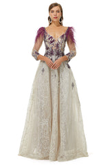 Formal Dresses Lace, A-Line V-Neck Lace Floor-Length Long Sleeve Open Back Beading Prom Dresses