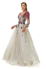 Formal Dresses Elegant, A-Line V-Neck Lace Floor-Length Long Sleeve Open Back Beading Prom Dresses