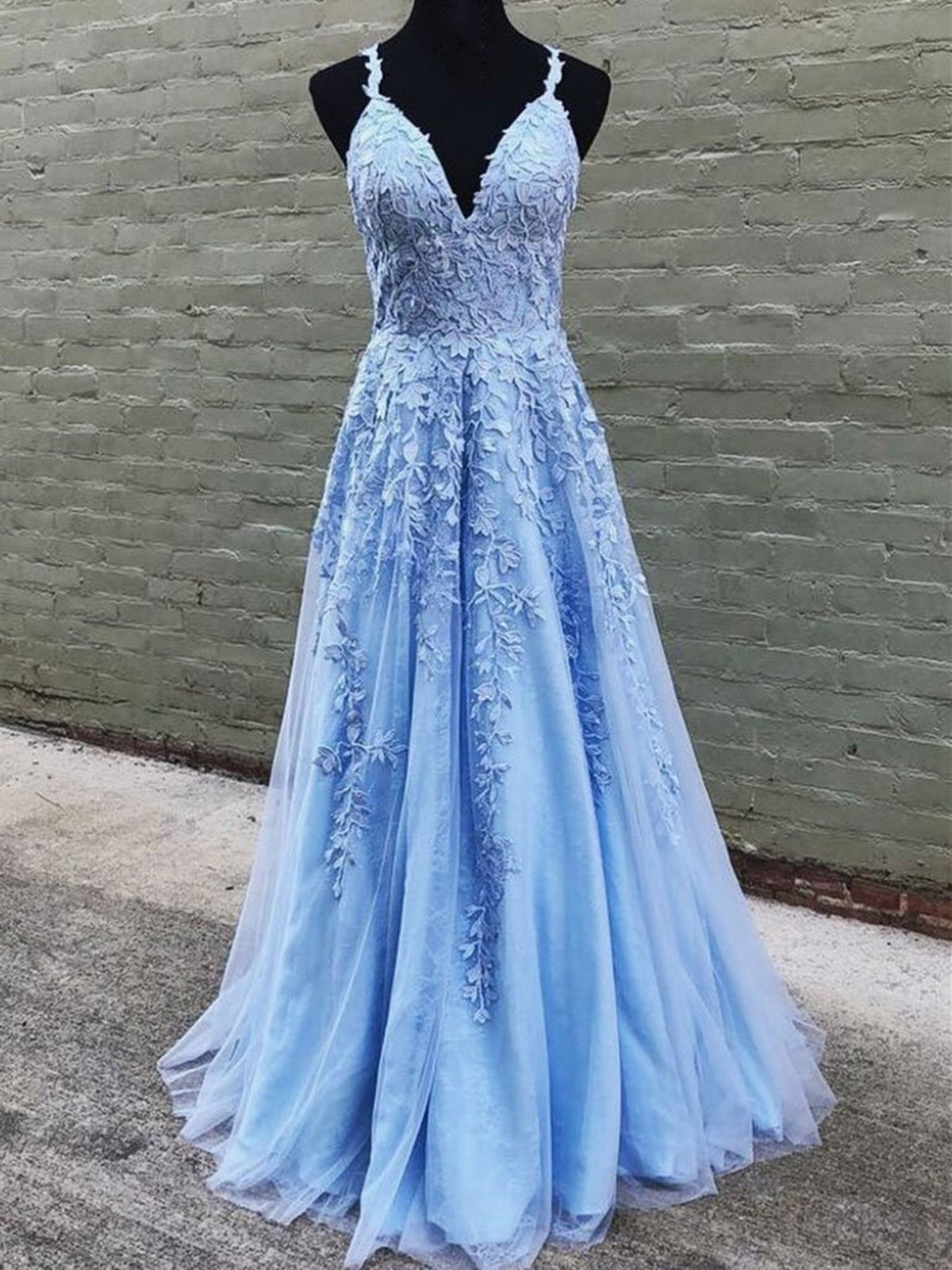 Formal Dress Gown, A Line V Neck Light Blue Lace Prom Dresses, V Neck Light Blue Lace Formal Evening Dresses
