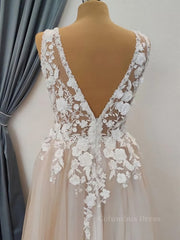 Wedding Dress Dress, A Line V Neck Long Champagne Lace Wedding Dresses, Champagne Lace Long Formal Prom Dresses