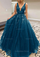 Evening Dress Maxi Long Sleeve, A-line V Neck Long/Floor-Length Lace Tulle Prom Dress With Appliqued