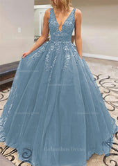 Evening Dresses, A-line V Neck Long/Floor-Length Lace Tulle Prom Dress With Appliqued