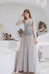 Evening Dress Suit, A Line V-Neck Long Sleeve Beading Tulle Court Train Prom Dresses