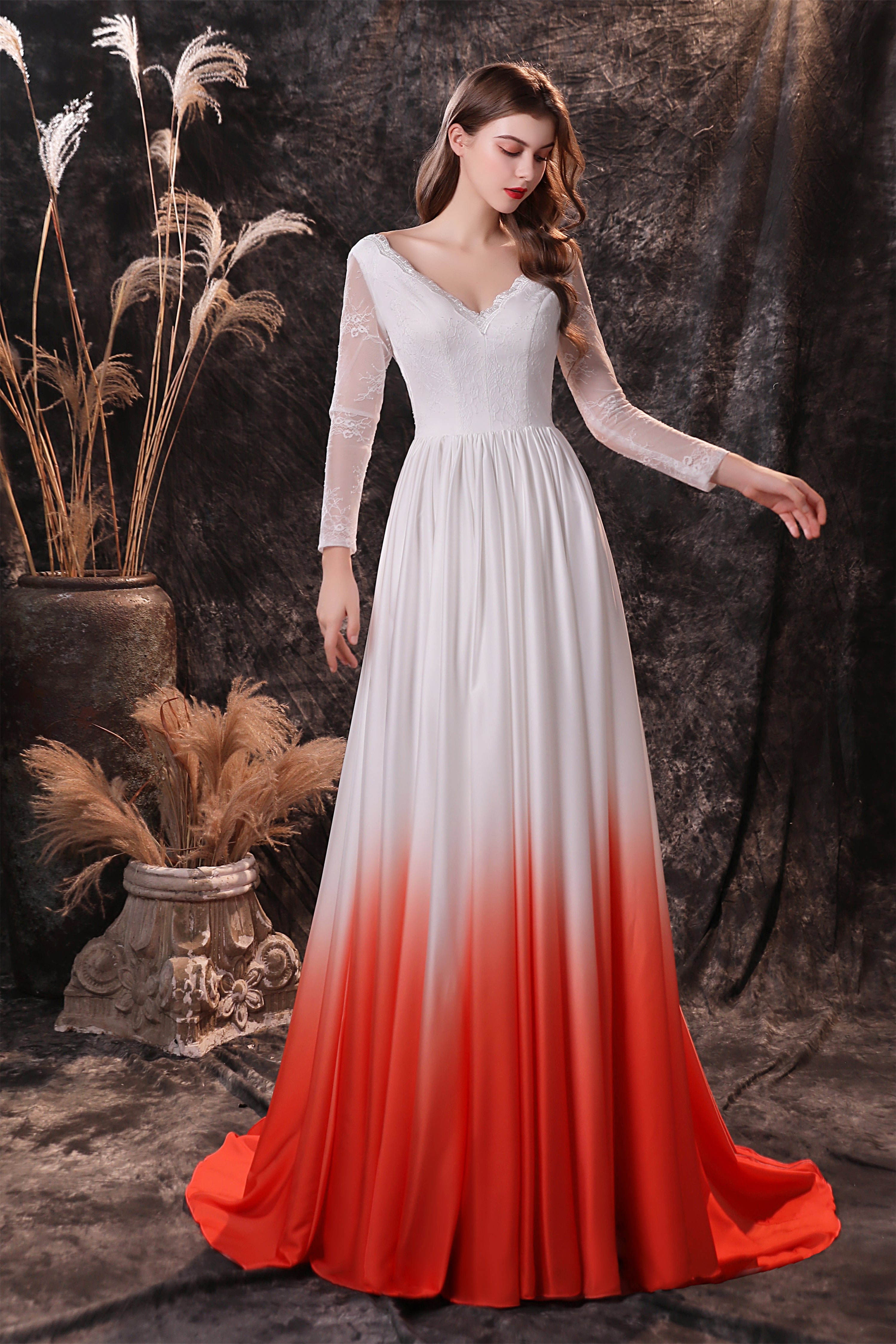 Bridesmaid Dress With Sleeves, A Line V-Neck Long Sleeve Ombre Silk Like Satin Sweep Train Prom Dresses