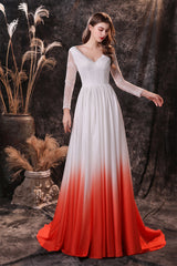 Bridesmaid Dress With Sleeves, A Line V-Neck Long Sleeve Ombre Silk Like Satin Sweep Train Prom Dresses